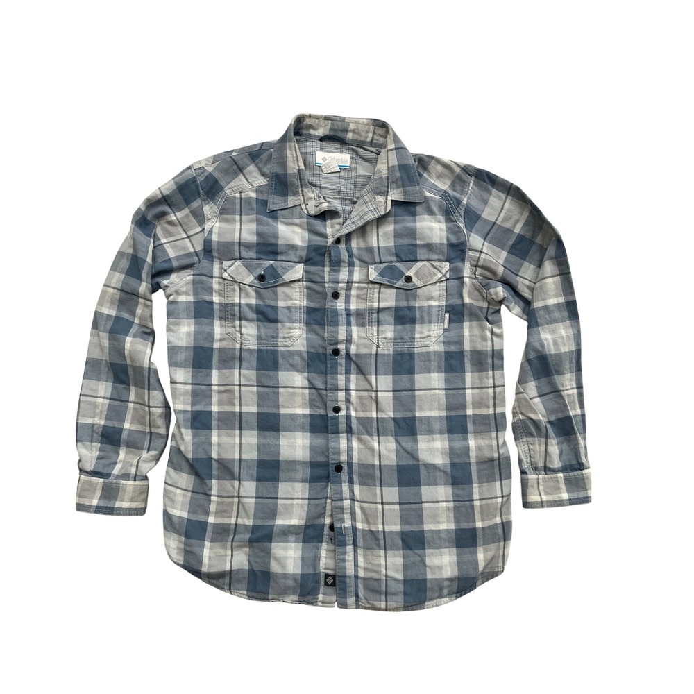 Columbia Mens L Blue Grey Plaid Cotton Long Sleeve Button Down Utility Shirt
